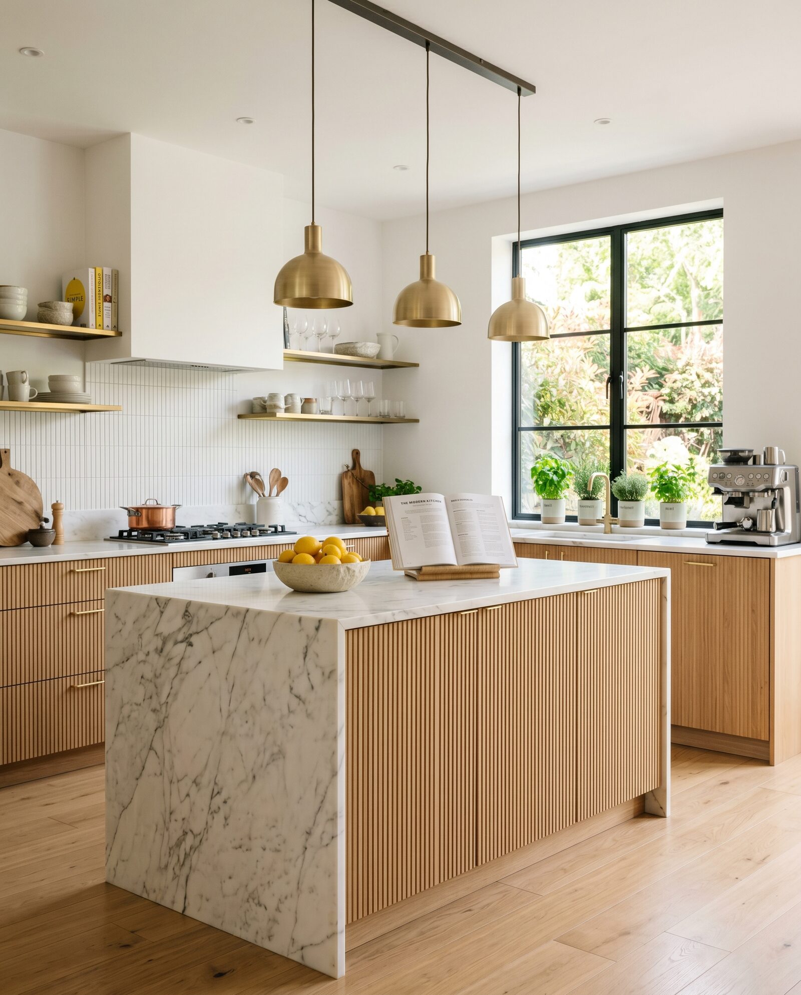 The same kitchen after Enhansy — bright, neutral whites, recovered window