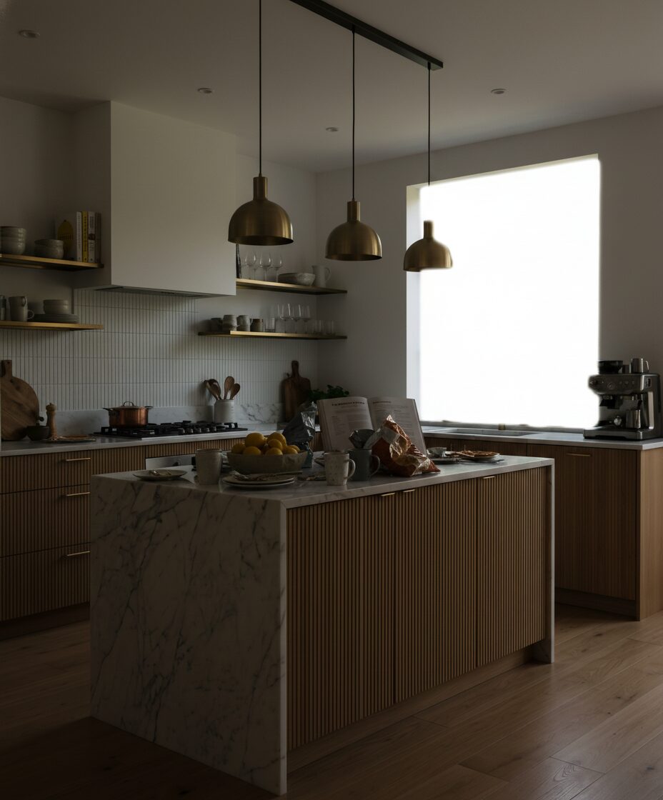 Dim kitchen photo with brass pendants and a marble island, before enhancement